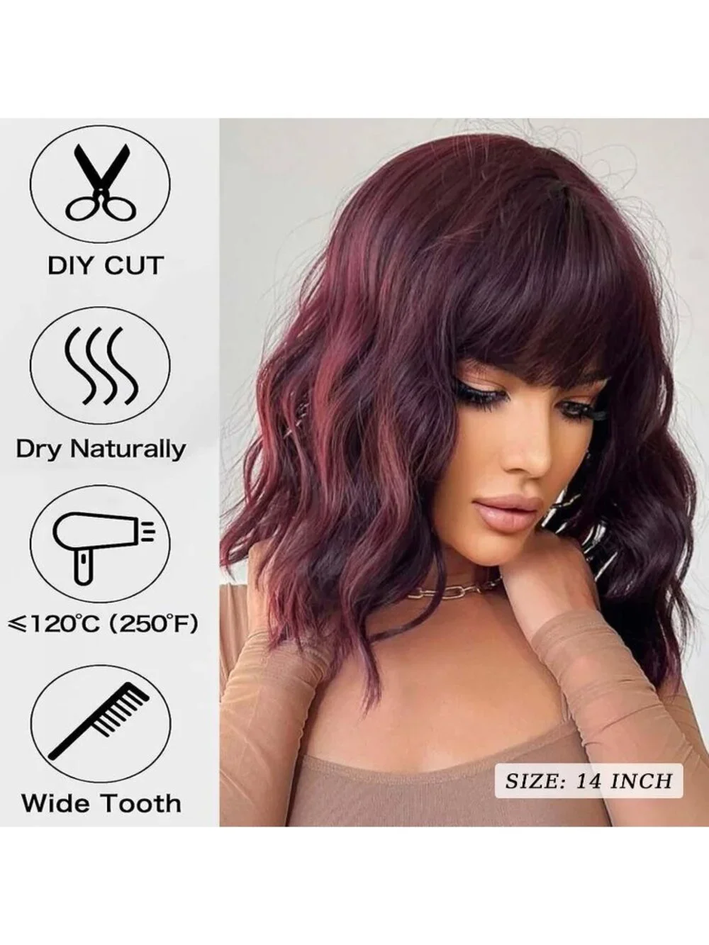 Women's Wine Red 14 Inch Heat Resistant Short Bangs Bob Modern Wavy Wigs